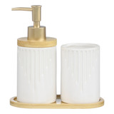 Kit Banheiro Lavabo 3 Peças Bambu Porta Sabonete Líquido Pia