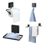 Kit Banheiro Lavabo 4 Peças Preto Fixação Parede Adesivo 3m