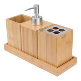 Kit Banheiro Lavabo Bambu Saboneteira Escova Dente Bandeja Cor Luxo Marrom