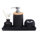 Kit Banheiro Lavabo Bandeja Porta Sabonete Porcelana E Bambu Cor Preto