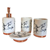 Kit Banheiro Lavabo Cerâmica Branco Marmorizado 04 Peças