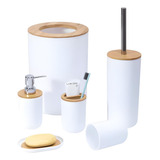 Kit Banheiro Lavabo Jogo Conjunto 6 Pcs Bambu Lixeira Escova