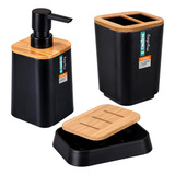 Kit Banheiro Lavabo Saboneteira Porta Escovas Bambu 3pçs