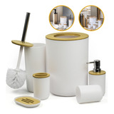 Kit Banheiro Lixeira E Acessórios Para Lavabo 6 Peças Lixeira De Bambu Escova Sanitária Luxo Cor Branco