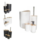 Kit Banheiro Lixeira Porta Escova 4 Peças Tampa Bambu Cor Branco Redondo