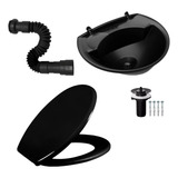 Kit Banheiro Preto Lavatório Assento Sanitário Sifão