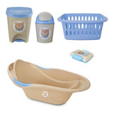 Kit Banho Bebê Banheira Saboneteira Lixeiras E Cesto Roupas