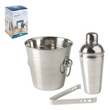 Kit Bar 03 Peças Coqueteleira Balde Gelo E Pegador De Inox