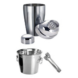 Kit Bar 3 Pçs Coqueteleira 750ml Balde Gelo 1 2l Pegador