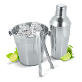 Kit Bar Aço Inox Coqueteleira Pegador Balde De Gelo 3 Peças