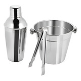 Kit Barman Inox Coqueteleira Balde E Pegador 3 Peças