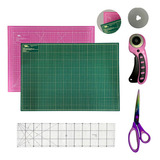 Kit Bases De Corte Patchwork 60cm Tesoura Régua 60 Cortador Cor Base Verde E Rosa Cl45r