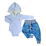 Kit Bebê 2 Peças Body Suedine Capuz Forrado E Calça Jeans