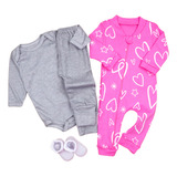 Kit Bebê 4 Peças Macacão Body Mijão E Meia rn p m g