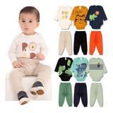 Kit Bebe Menino 10 Peças 5 Body Manga Longa 5 Calças mijão