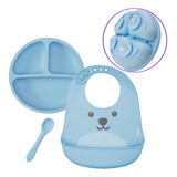 Kit Bebê Pratinho Ventosa Babador Talher Silicone Buba Azul
