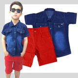 Kit Bermuda E Camisa Jeans Infantil