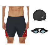 Kit Bermuda Natação Esportiva Óculos Uv E Touca Silicone