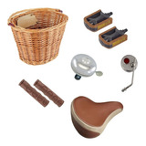 Kit Bicicleta Retrô Food Bike Marrom Cesta Vime Vintage 6 Itens 