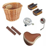 Kit Bicicleta Retrô Food Bike Marrom Cesta Vime Vintage 6pcs