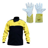 Kit Blusão Preto Soldador Raspa E Brim Luva Vaqueta P 15