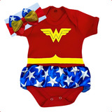 Kit Body Infantil Fantasia Bebê Mulher Maravilha Tiara
