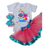 Kit Body Saia Tutu Pinkfong Baby Shark Bebe Tubarão Ensaio
