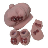 Kit Boina Sapatinho E Luvinha Menina Rosê 3 Peças
