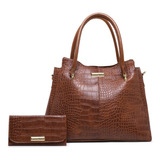 Kit Bolsa Feminina Elegante Transversal + Carteira Espaçosa Acambamento Dos Ferragens Dourado Cor Marrom Correia De Ombro Marrom Desenho Do Tecido Croco