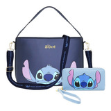 Kit Bolsa Feminina Ombro Transversal Ohana Carteira Stitch Cor Azul aço