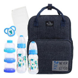 Kit Bolsa Mochila Maternidade Paternidade   Mickey Disney Az Cor Azul Desenho Do Tecido Liso