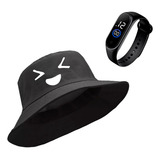 Kit Boné Chapéu Bucket Hat Emoji Feliz Smile Happy Relogio