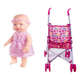 Kit Boneca Bebe Faz Xixi Com Fralda Mamadeira Carrinho Rosa