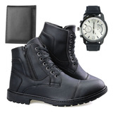 Kit Bota Coturno Casual Masculina Ziper Carteira Relógio