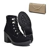 KIT Bota Coturno Feminino Veludo Tratorada E Bolsa Clutch Cor Bege Tamanho 41