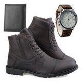 Kit Bota Coturno Masculino Ziper Casual Moda Carteir Relógio