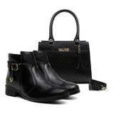 Kit Bota Feminina Couro Ecológico Cano Curto Bolsa Pequena