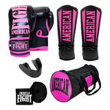 Kit Boxe Muay Thai Luva Caneleira Bolsa Bandagem Bucal Rosa