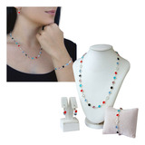 Kit Brinco Colar Pulseira Com Pedra Colorida Banhado A Ouro