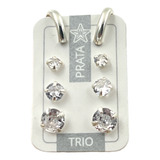 Kit Brinco Trio Zircônia 3 Furos Par Argola 9mm Prata 925