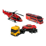 Kit Brinquedo Mini Reboque Ônibus Helicóptero Diversão