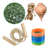 Kit Brinquedos 10 Pula Corda 10 Pião 10 Mola 200 Bola Gude