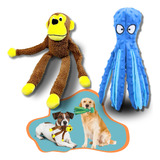 Kit Brinquedos Pelúcia Cães Pet Macaco E Polvo Amigo C Som