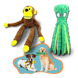 Kit Brinquedos Pelúcia Cães Pet Macaco E Polvo Amigo C Som