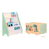 Kit Brinquedoteca Montessori Rack Livros Caixote Dino Toys