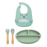 Kit Buba Pratinho E Talheres Silicone Babador Gumy Verde