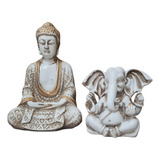 Kit Buda 23cm Ganesha Orelhudo 12cm Brancos Em Resina