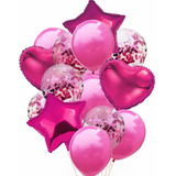 Kit Buque Balão Metalizado 14 Peças Bexiga Festa Rosa Pink
