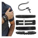 Kit C 04 Pulseira De Couro Masculina Cruz Colar Crucifixo