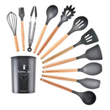 Kit C 12 Utensílios D Cozinha Silicone Cabo Madeira Preto